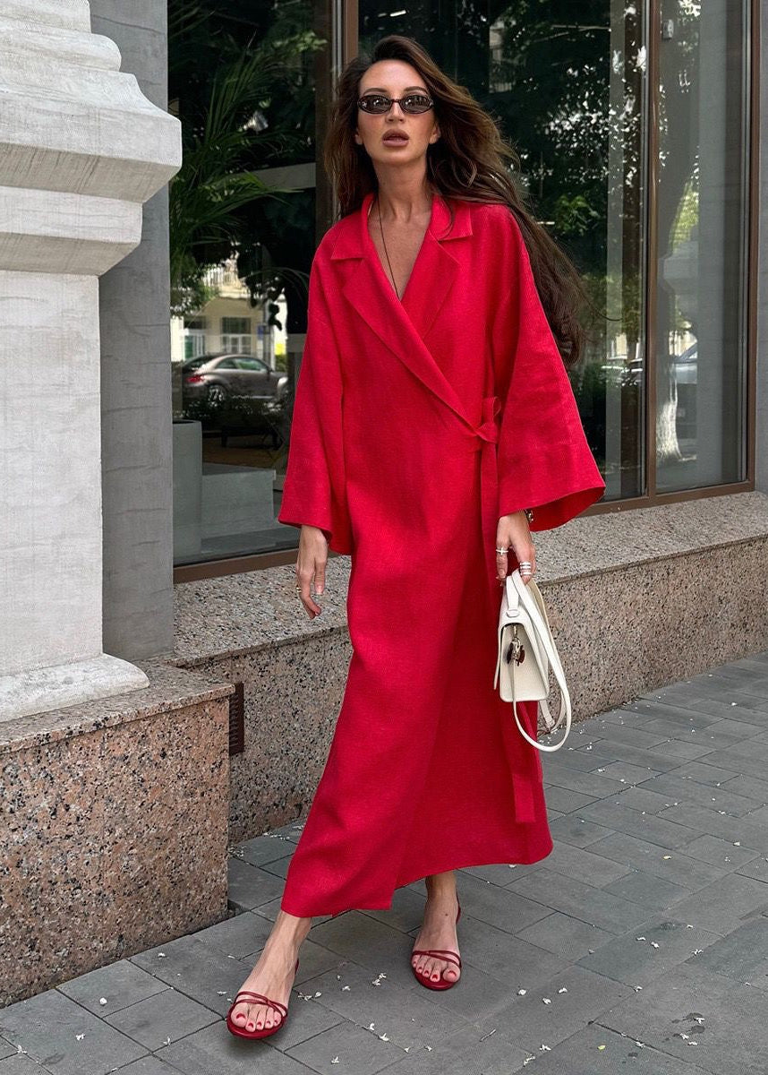 Arden Linen Blend Wrap Maxi Dress – Oversized Long Sleeve Belted Shirt Dress