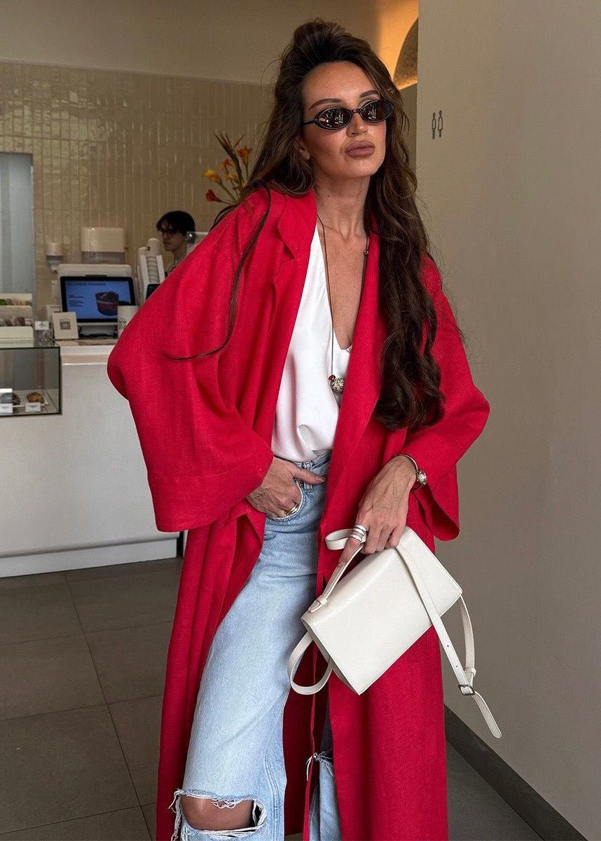 Arden Linen Blend Wrap Maxi Dress – Oversized Long Sleeve Belted Shirt Dress