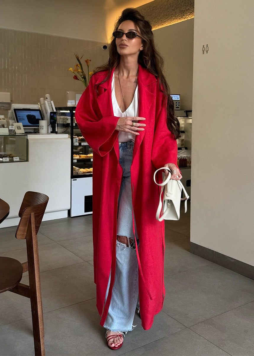 Arden Linen Blend Wrap Maxi Dress – Oversized Long Sleeve Belted Shirt Dress