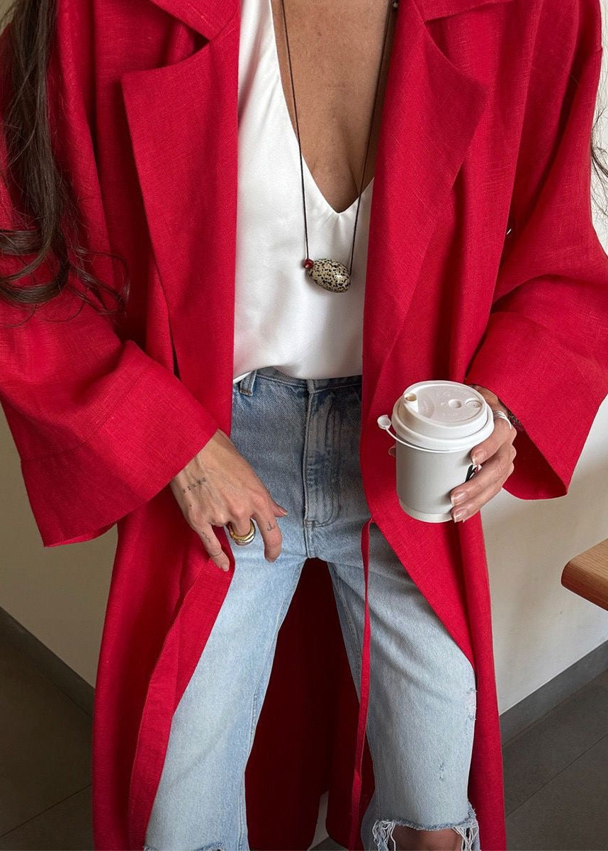 Arden Linen Blend Wrap Maxi Dress – Oversized Long Sleeve Belted Shirt Dress