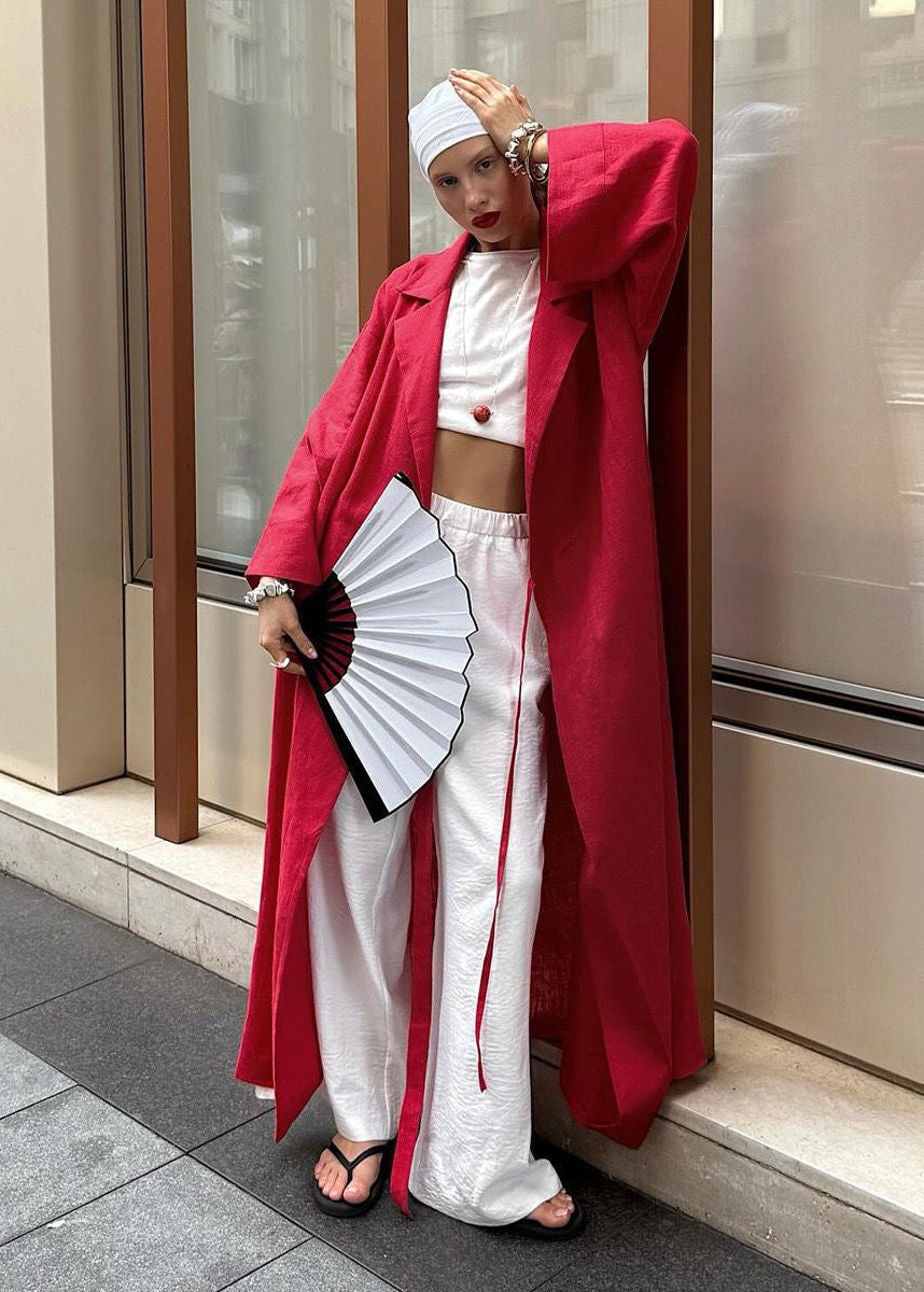 Arden Linen Blend Wrap Maxi Dress – Oversized Long Sleeve Belted Shirt Dress