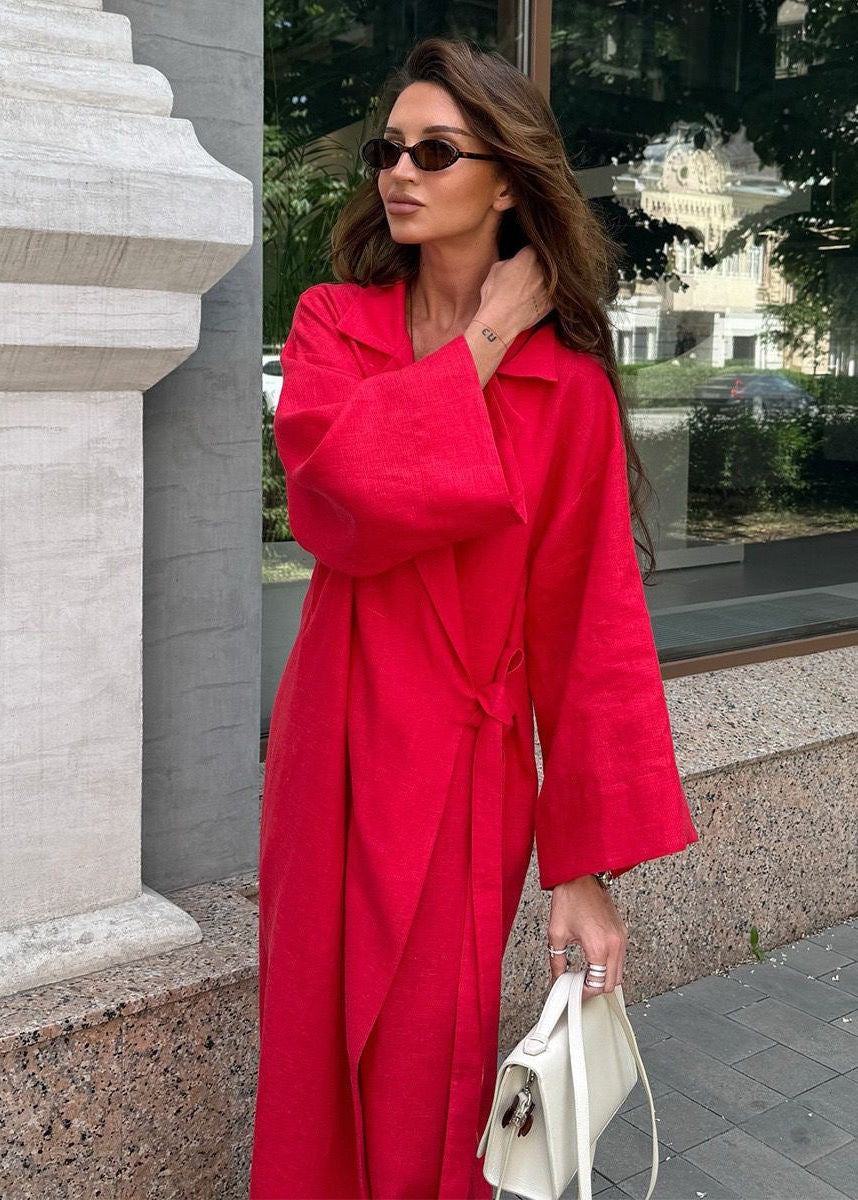 Arden Linen Blend Wrap Maxi Dress – Oversized Long Sleeve Belted Shirt Dress