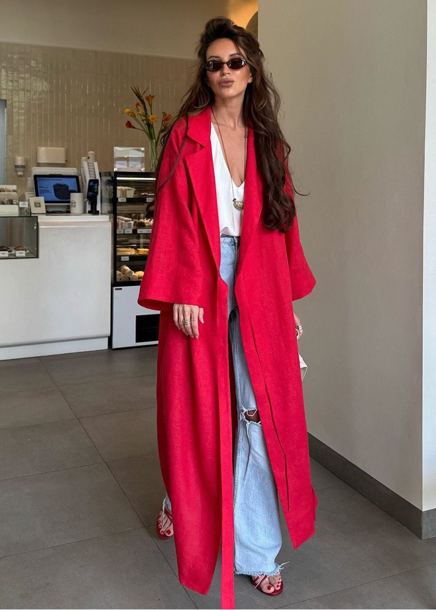 Arden Linen Blend Wrap Maxi Dress – Oversized Long Sleeve Belted Shirt Dress