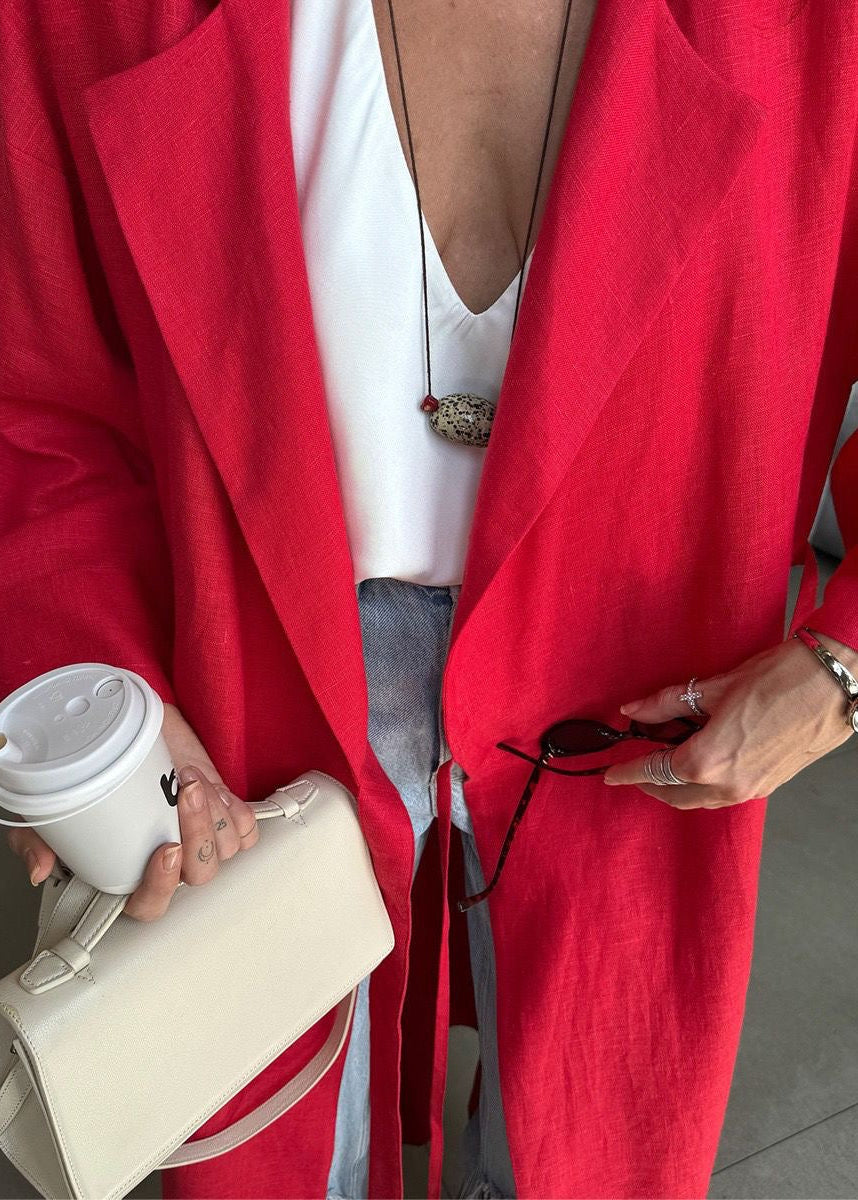 Arden Linen Blend Wrap Maxi Dress – Oversized Long Sleeve Belted Shirt Dress