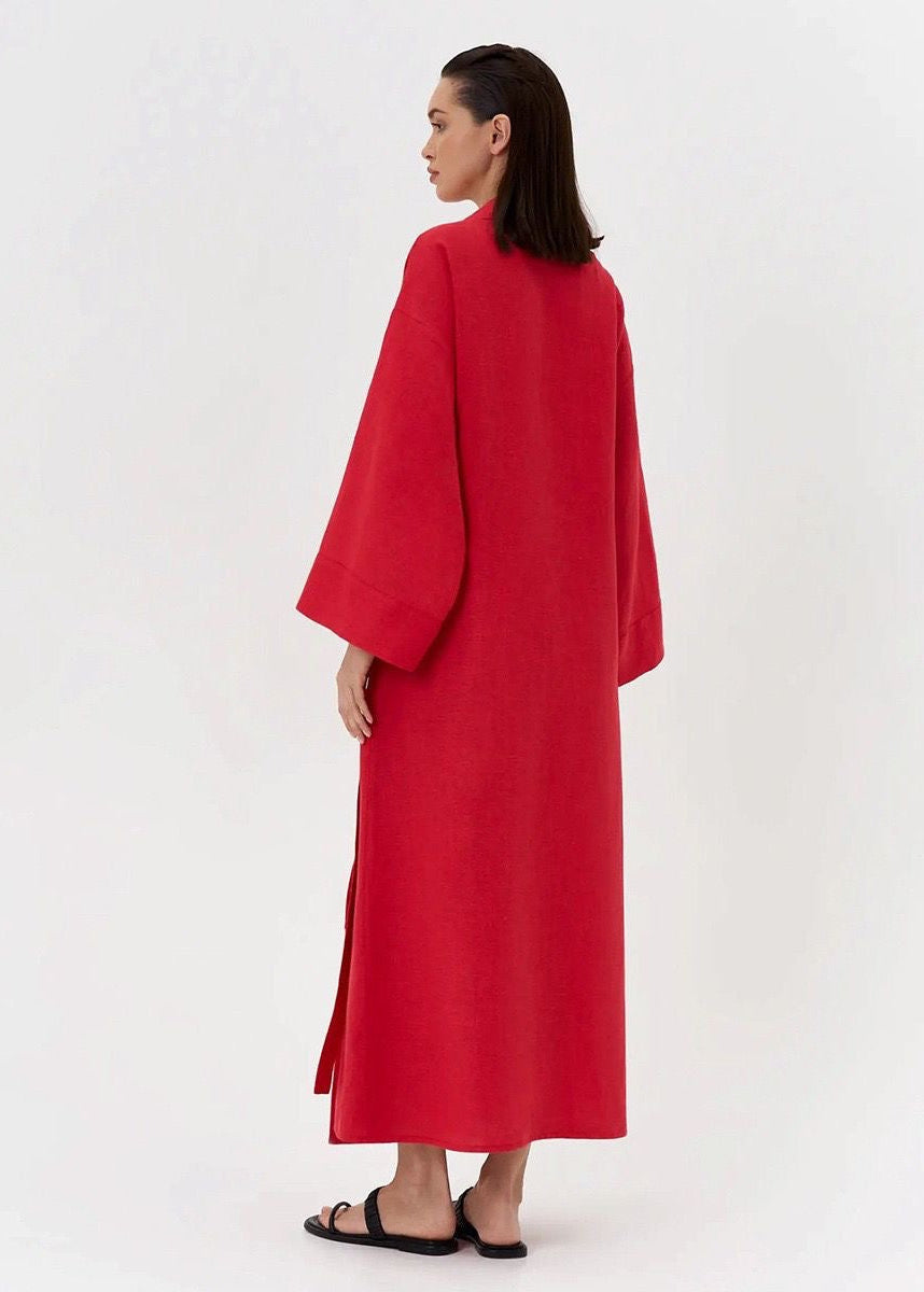 Arden Linen Blend Wrap Maxi Dress – Oversized Long Sleeve Belted Shirt Dress