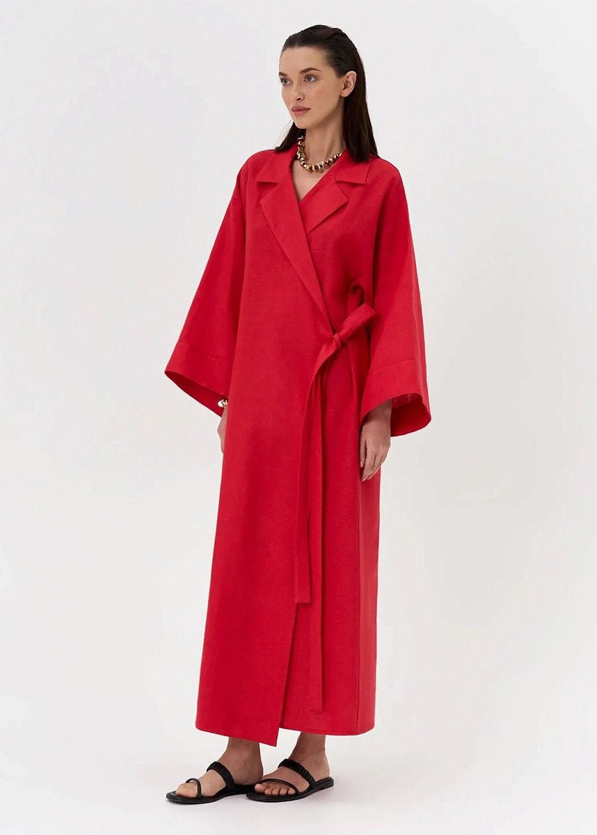 Arden Linen Blend Wrap Maxi Dress – Oversized Long Sleeve Belted Shirt Dress