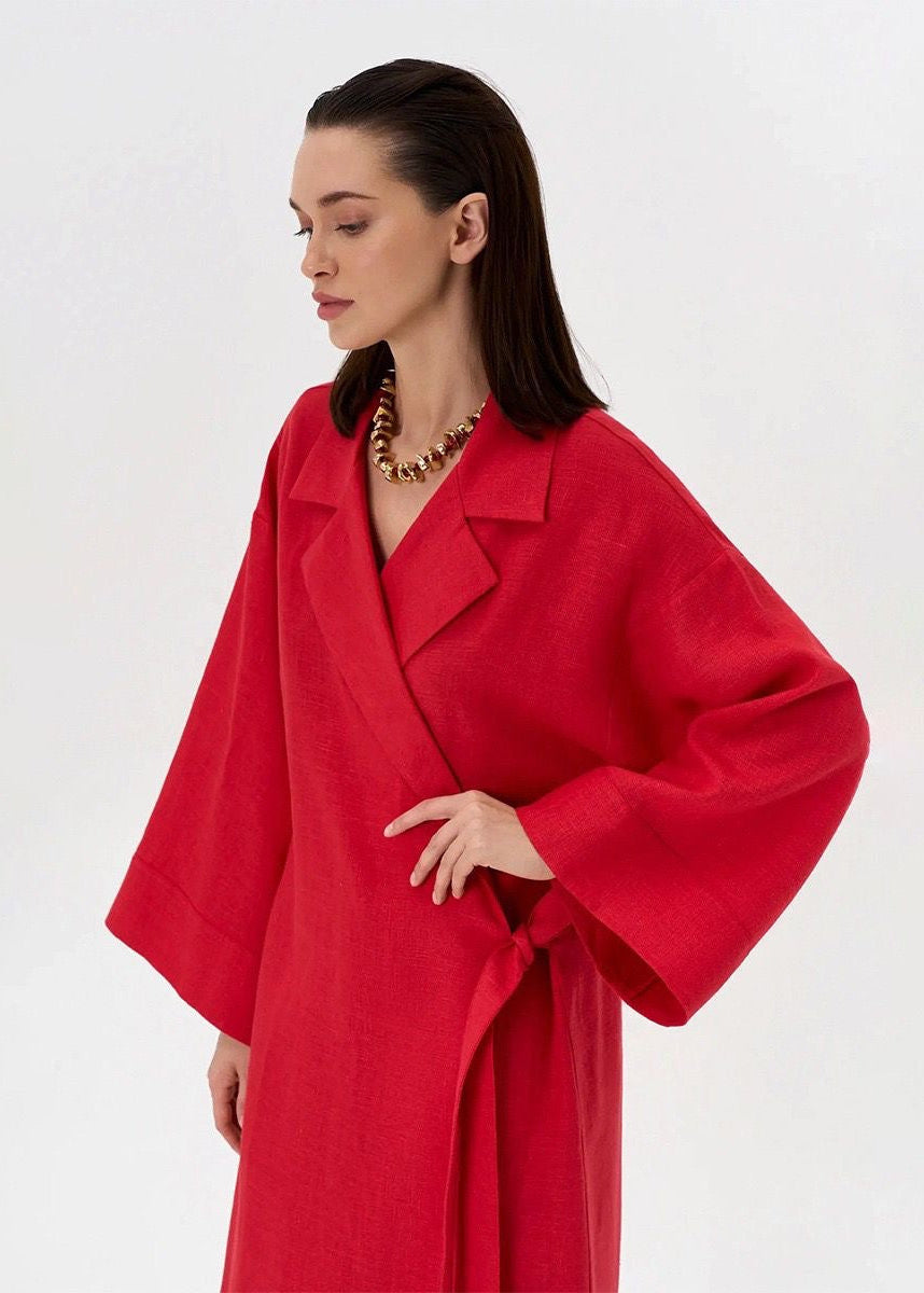 Arden Linen Blend Wrap Maxi Dress – Oversized Long Sleeve Belted Shirt Dress