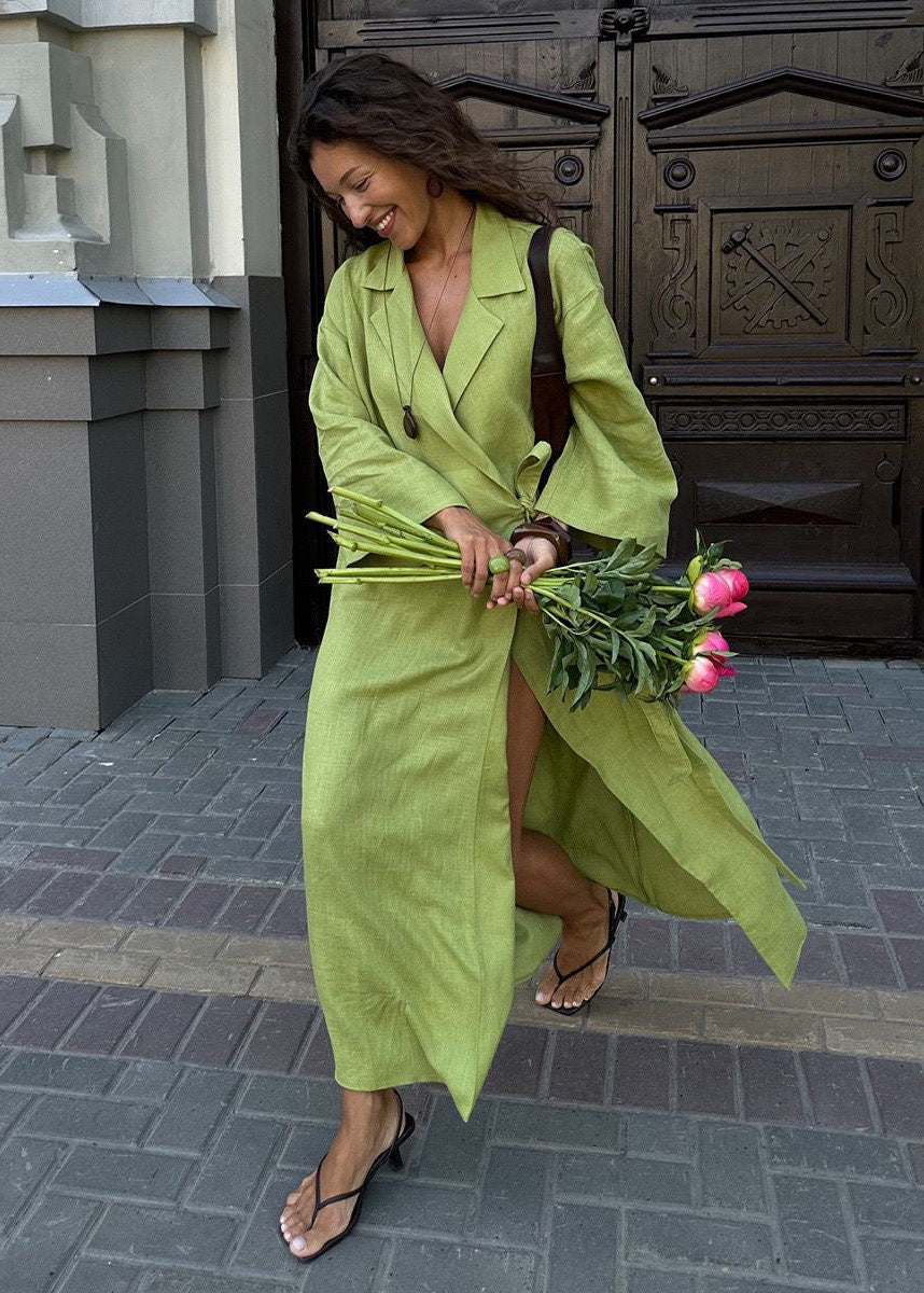 Arden Linen Blend Wrap Maxi Dress – Oversized Long Sleeve Belted Shirt Dress