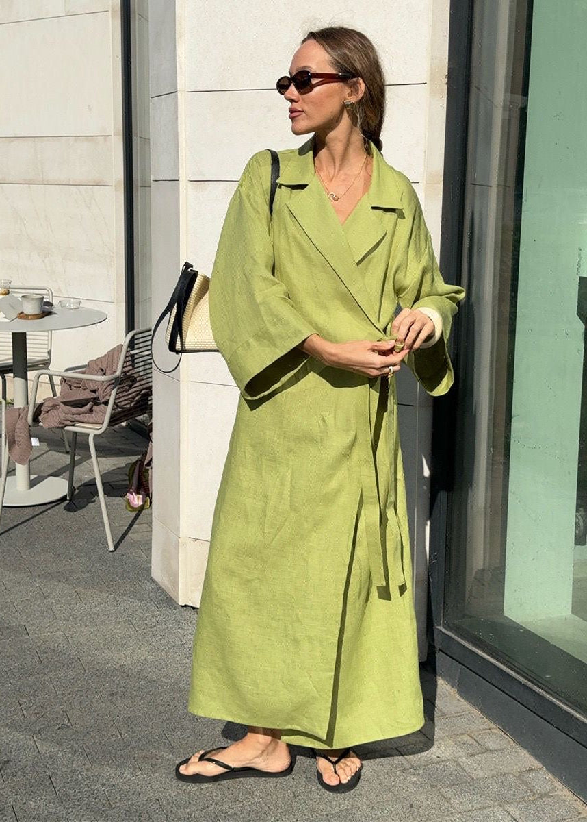 Arden Linen Blend Wrap Maxi Dress – Oversized Long Sleeve Belted Shirt Dress