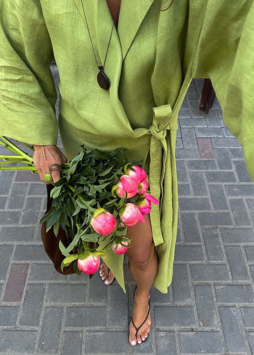 Arden Linen Blend Wrap Maxi Dress – Oversized Long Sleeve Belted Shirt Dress