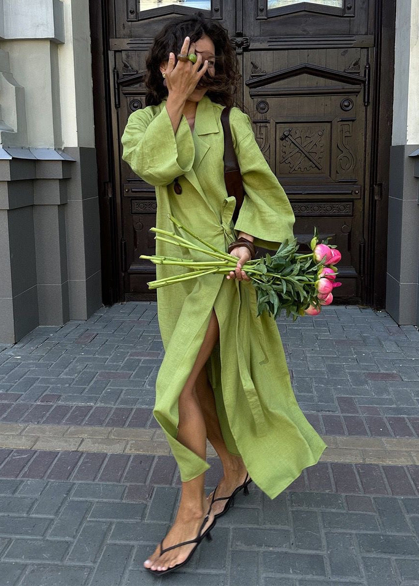 Arden Linen Blend Wrap Maxi Dress – Oversized Long Sleeve Belted Shirt Dress