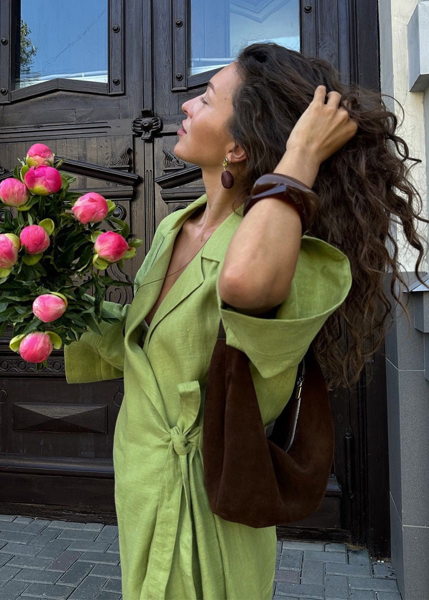 Arden Linen Blend Wrap Maxi Dress – Oversized Long Sleeve Belted Shirt Dress