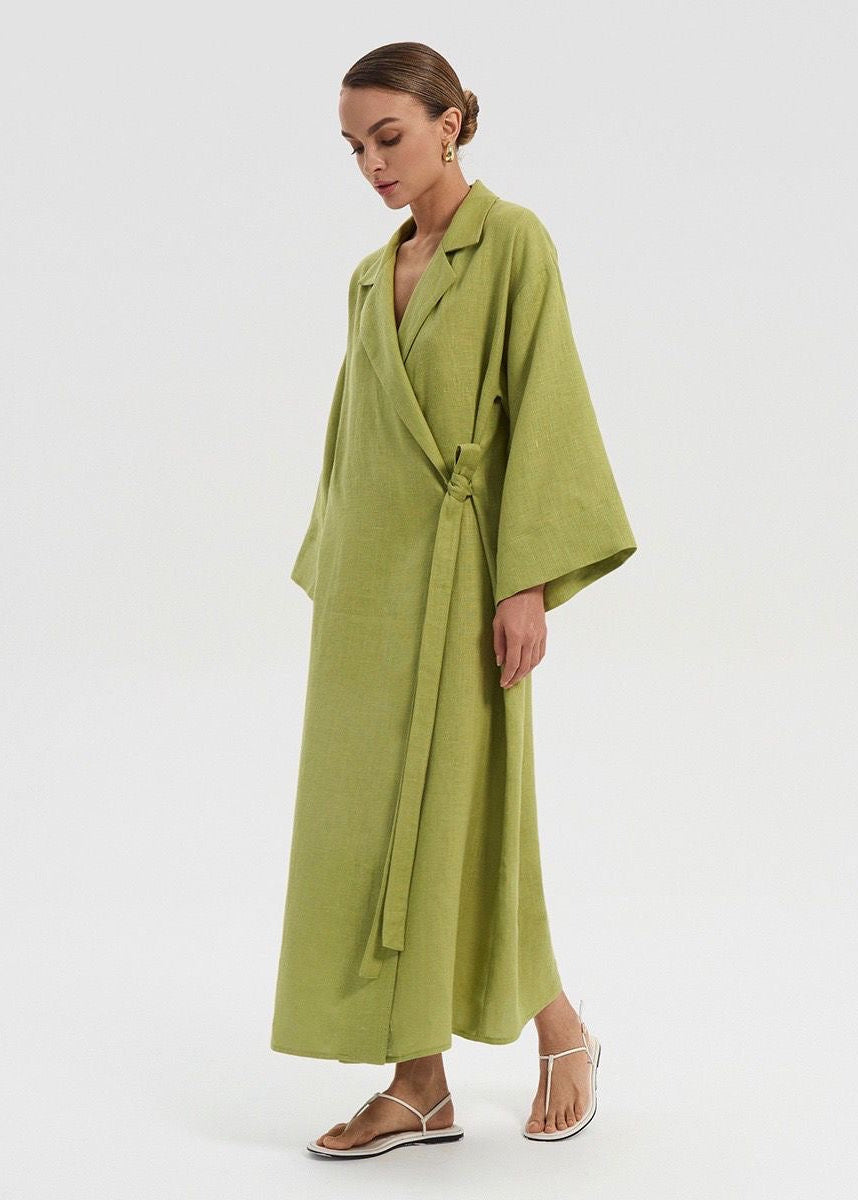 Arden Linen Blend Wrap Maxi Dress – Oversized Long Sleeve Belted Shirt Dress