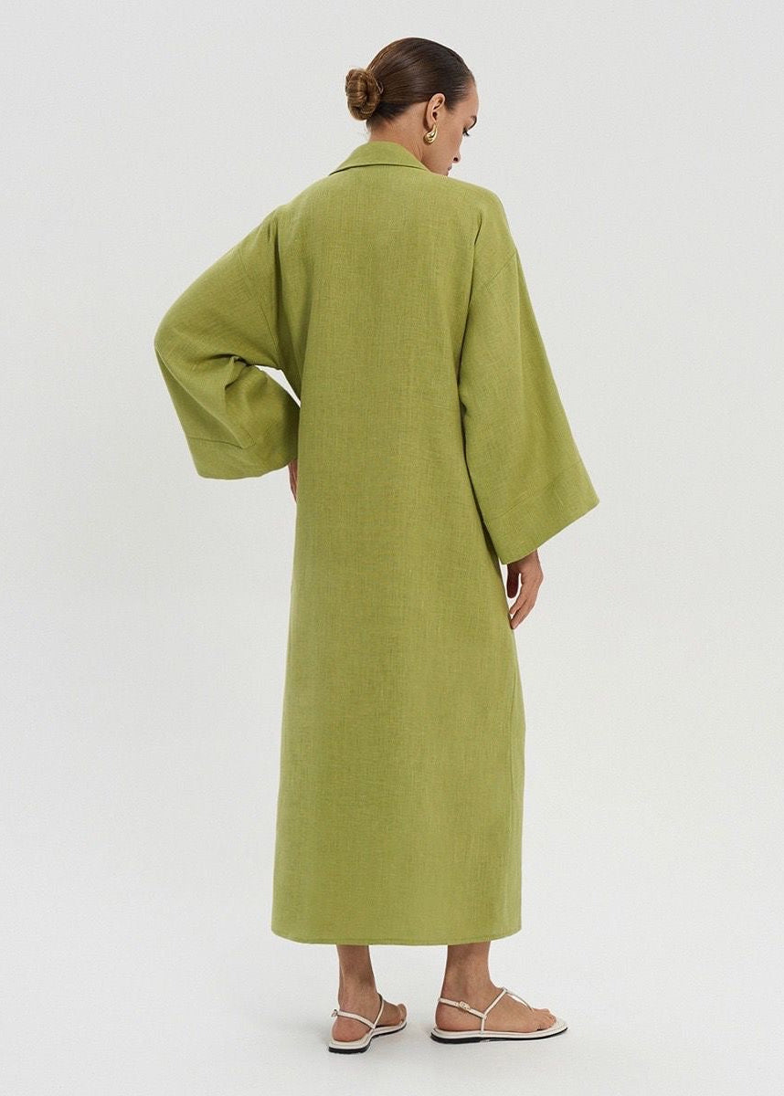 Arden Linen Blend Wrap Maxi Dress – Oversized Long Sleeve Belted Shirt Dress