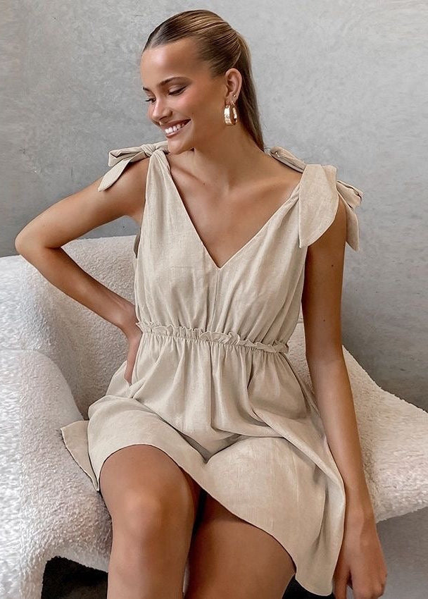 Sienna Tie Shoulder Linen Mini Dress – Lightweight A-Line Summer Dress