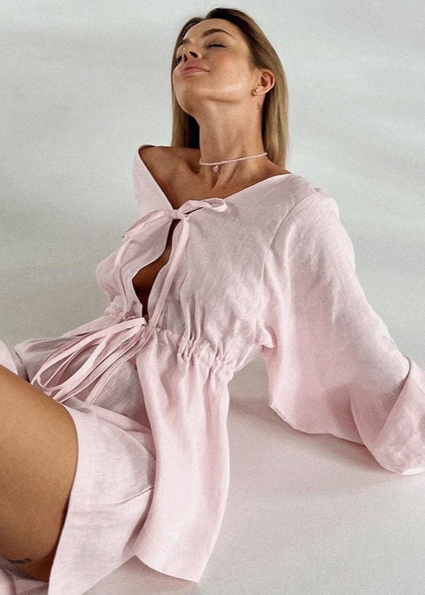 Rose Drift - Linen Two-Piece Set with Bell Sleeves