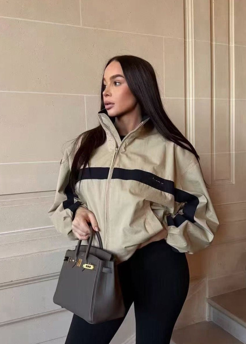 Sloane Premium Beige Contrast Stripe Oversized Windbreaker