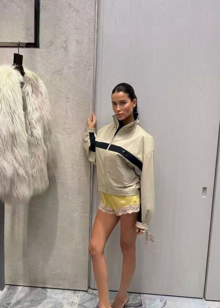 Sloane Premium Beige Contrast Stripe Oversized Windbreaker