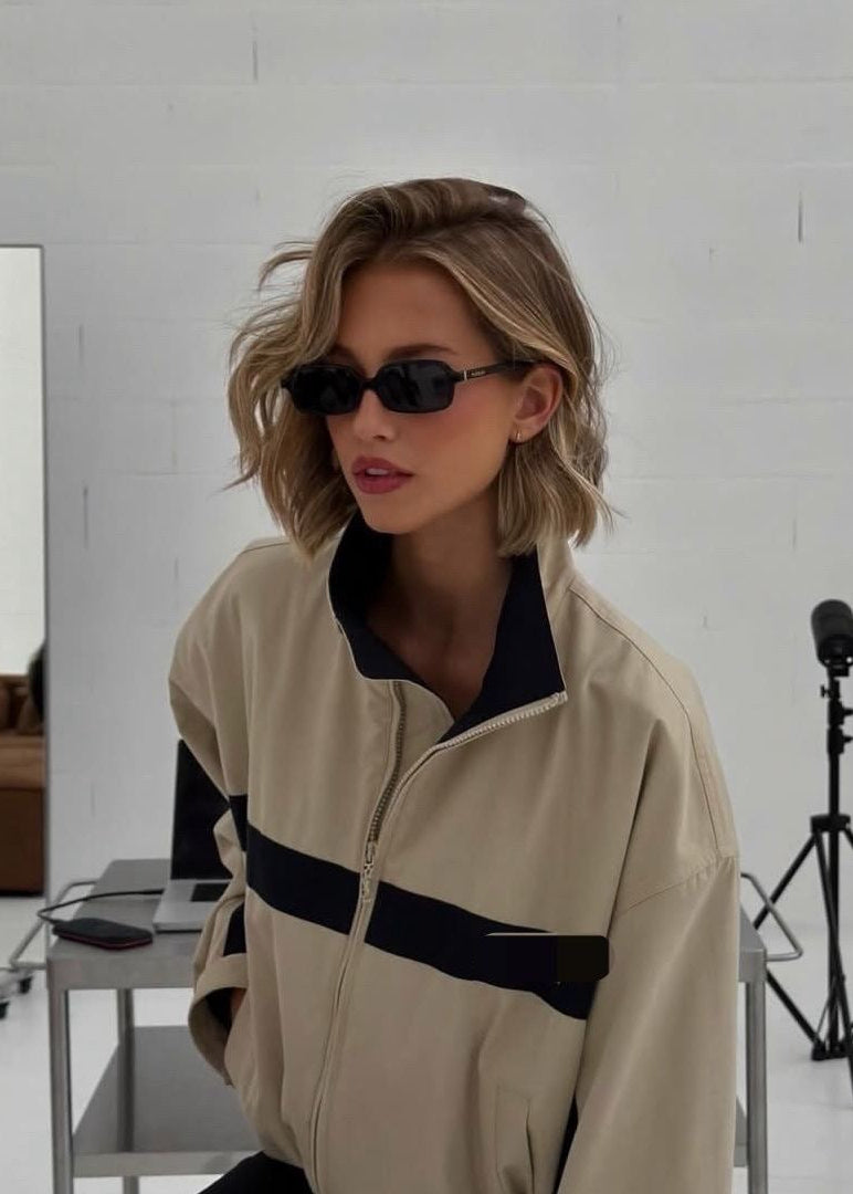 Sloane Premium Beige Contrast Stripe Oversized Windbreaker