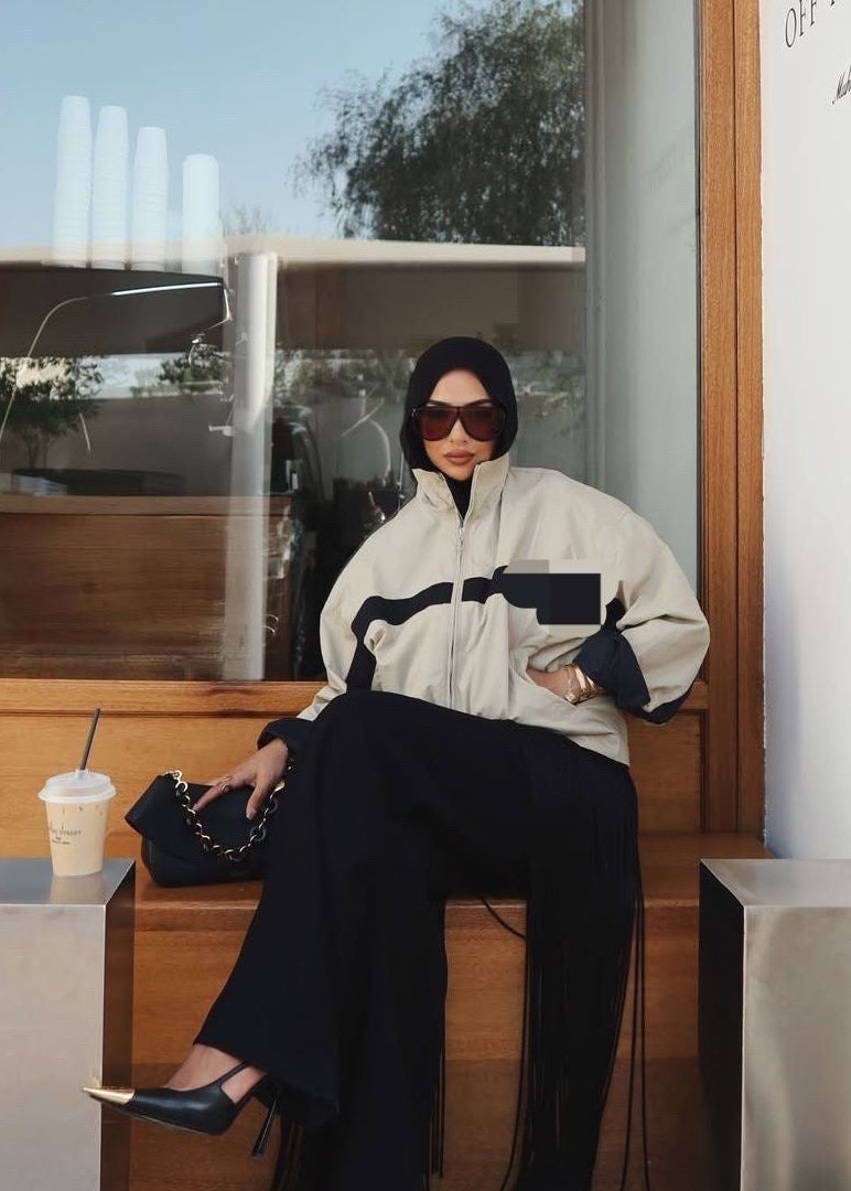 Sloane Premium Beige Contrast Stripe Oversized Windbreaker
