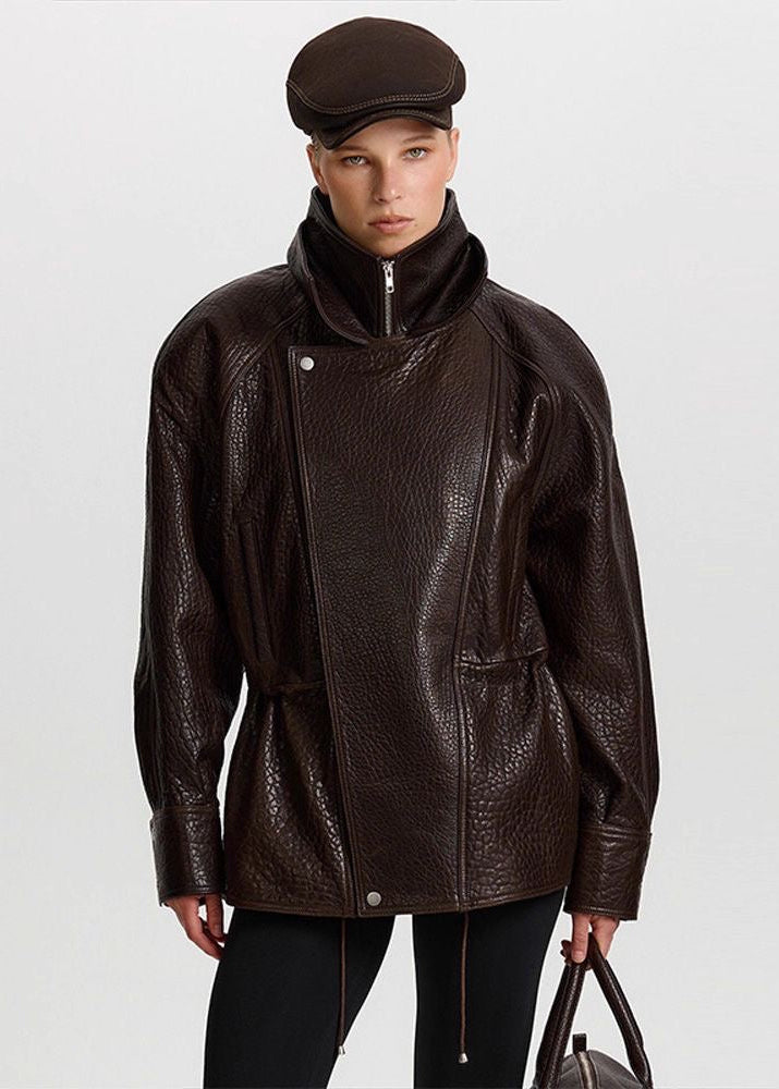 Monroe Chocolate Brown Oversized Faux Leather Drawstring Jacket