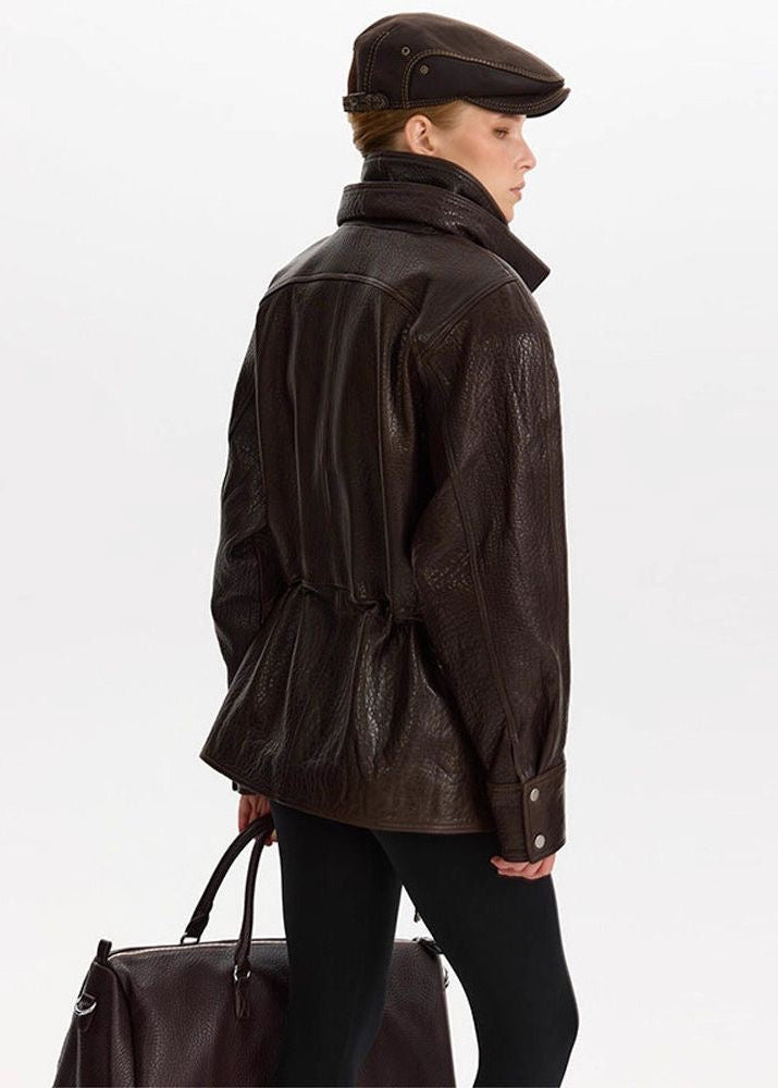 Monroe Chocolate Brown Oversized Faux Leather Drawstring Jacket