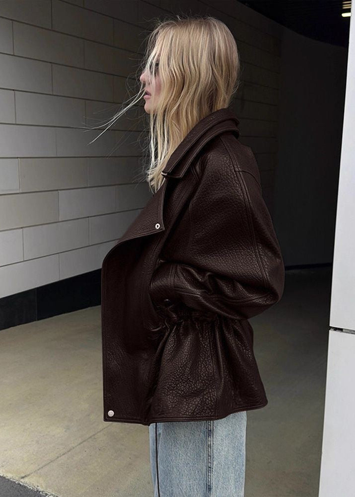 Monroe Chocolate Brown Oversized Faux Leather Drawstring Jacket