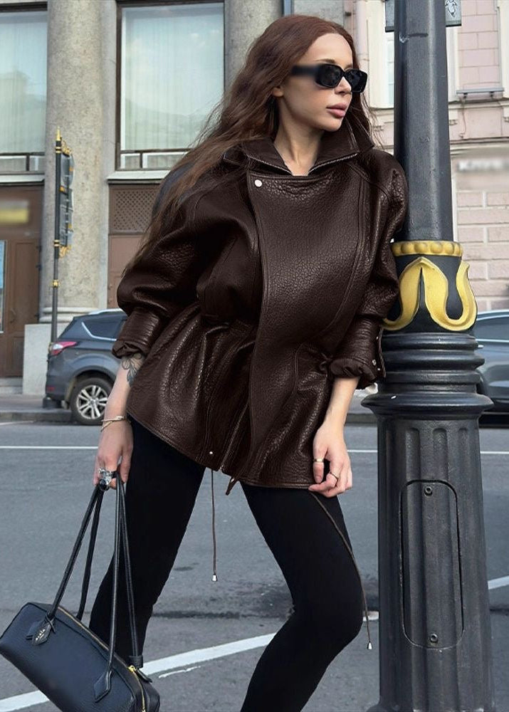 Monroe Chocolate Brown Oversized Faux Leather Drawstring Jacket
