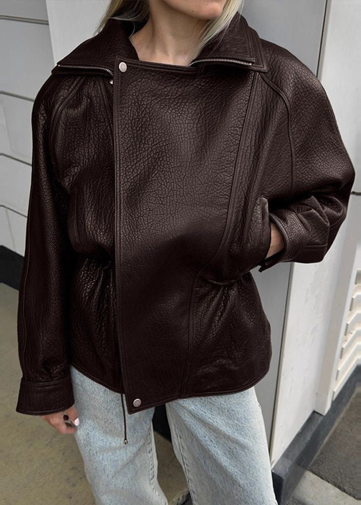 Monroe Chocolate Brown Oversized Faux Leather Drawstring Jacket