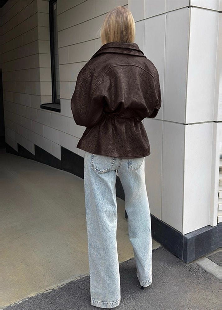 Monroe Chocolate Brown Oversized Faux Leather Drawstring Jacket