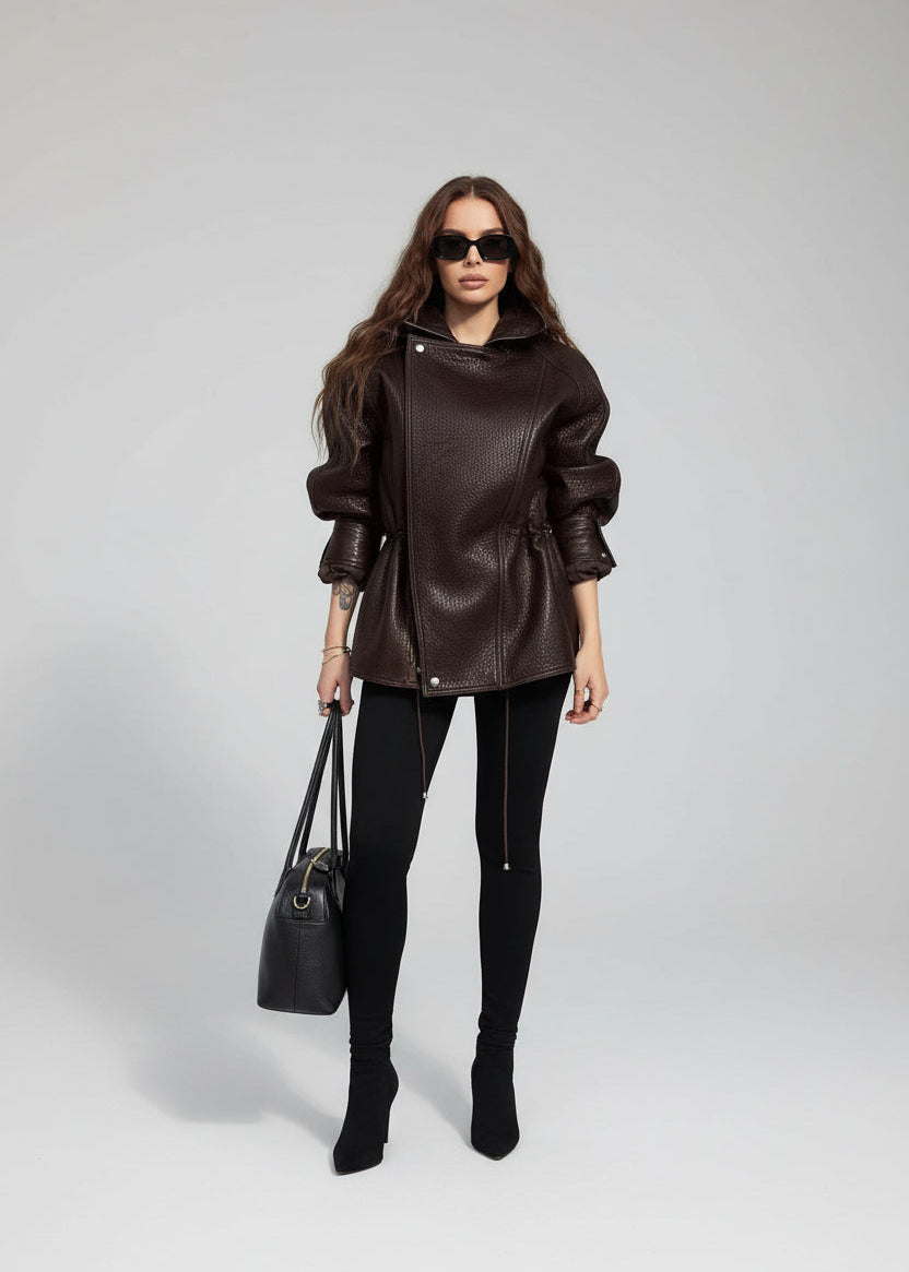 Monroe Chocolate Brown Oversized Faux Leather Drawstring Jacket