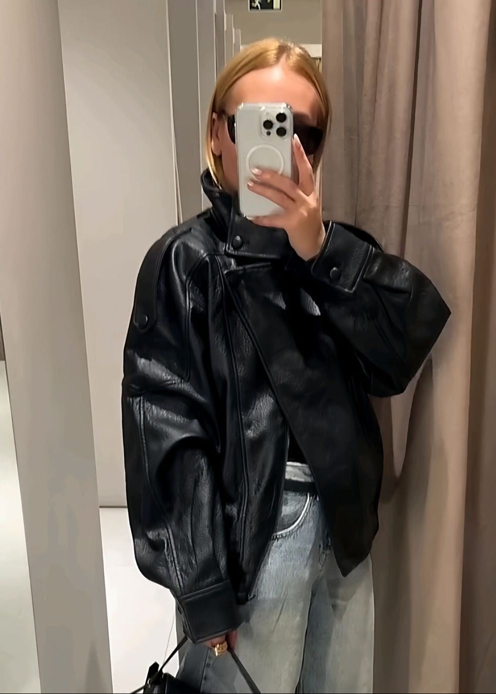 Noir Edge Black Oversized Faux Leather High-Neck Jacket
