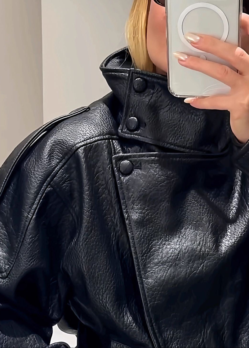 Noir Edge Black Oversized Faux Leather High-Neck Jacket