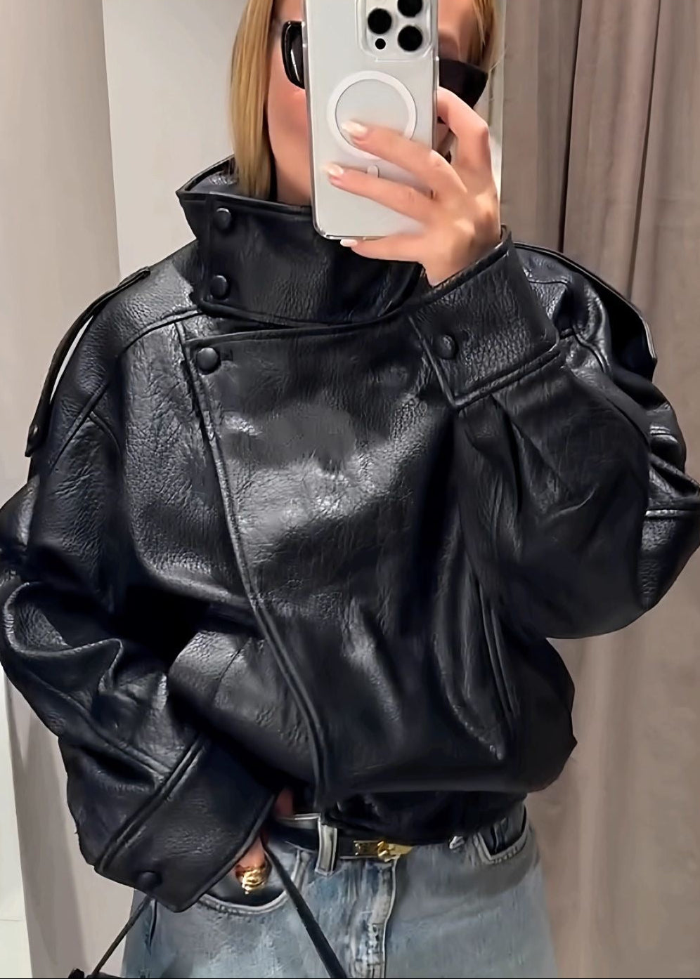 Noir Edge Black Oversized Faux Leather High-Neck Jacket