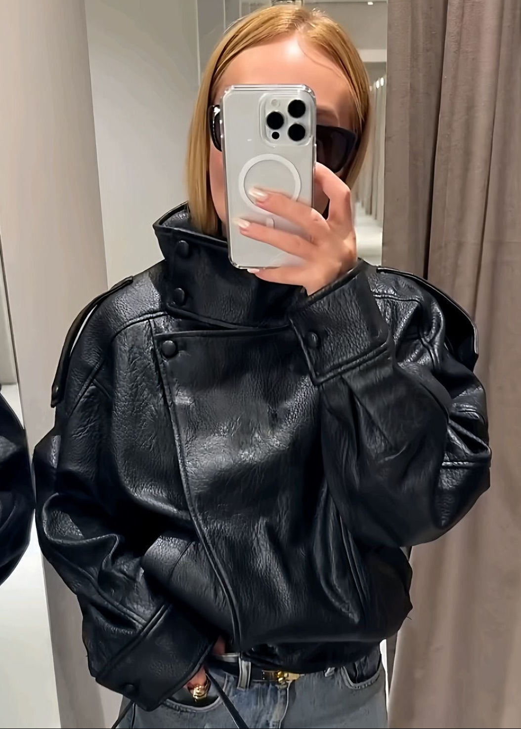 Noir Edge Black Oversized Faux Leather High-Neck Jacket