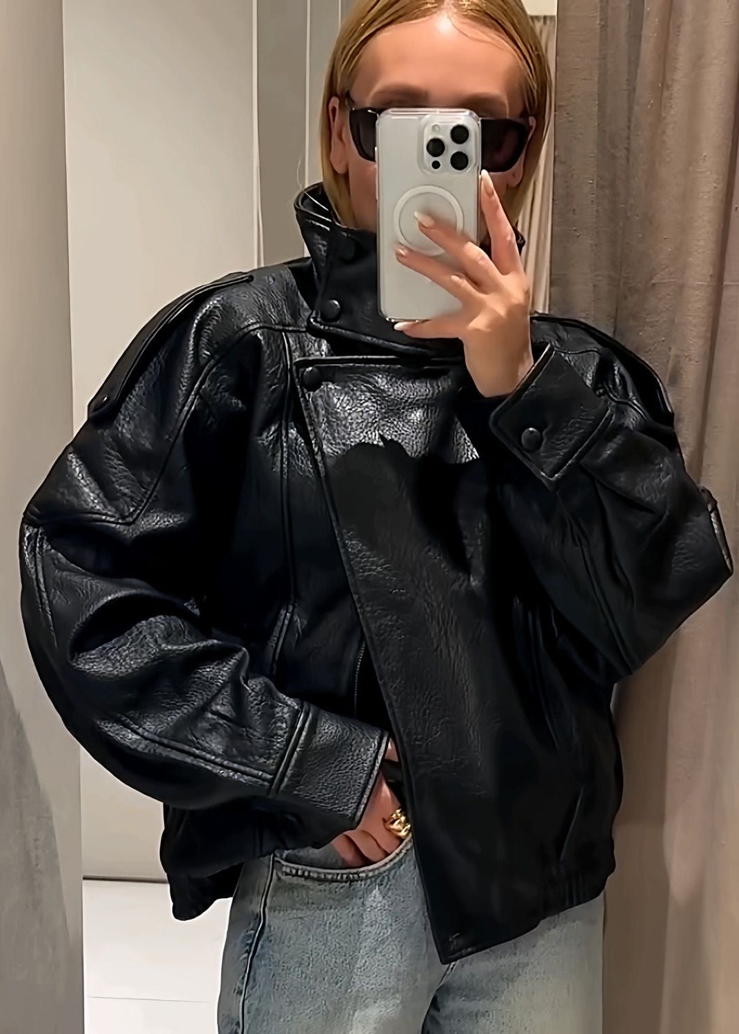 Noir Edge Black Oversized Faux Leather High-Neck Jacket
