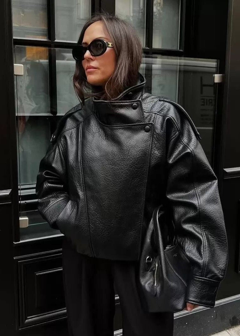 Noir Edge Black Oversized Faux Leather High-Neck Jacket