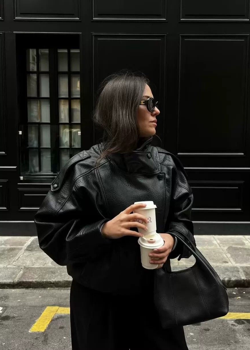 Noir Edge Black Oversized Faux Leather High-Neck Jacket