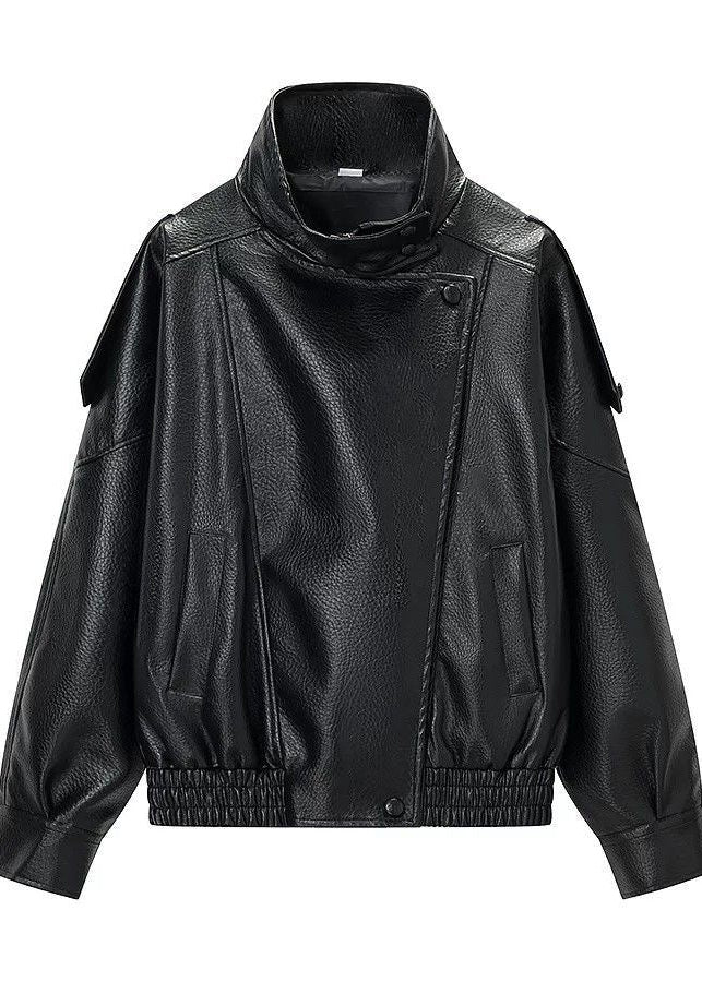 Noir Edge Black Oversized Faux Leather High-Neck Jacket
