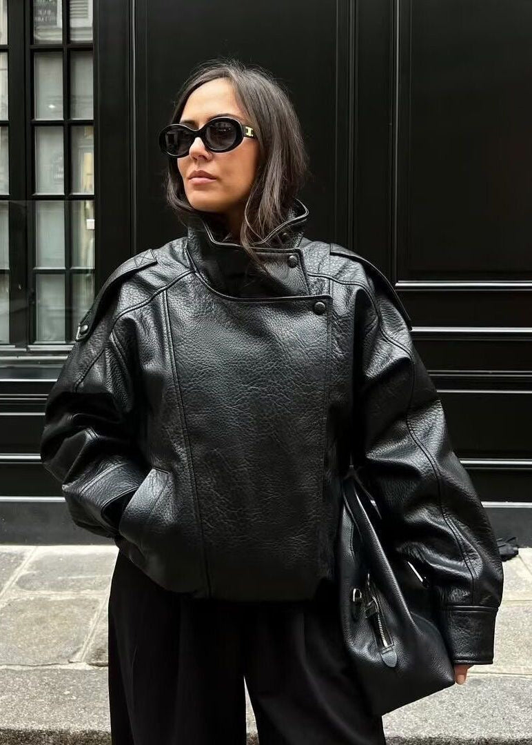 Noir Edge Black Oversized Faux Leather High-Neck Jacket
