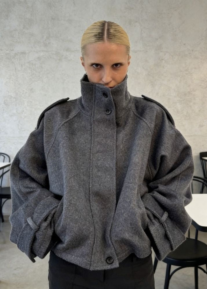 Arden Charcoal Gray Oversized High-Neck Wool-Blend Bomber Jacket