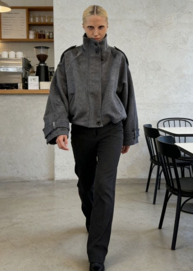 Arden Charcoal Gray Oversized High-Neck Wool-Blend Bomber Jacket