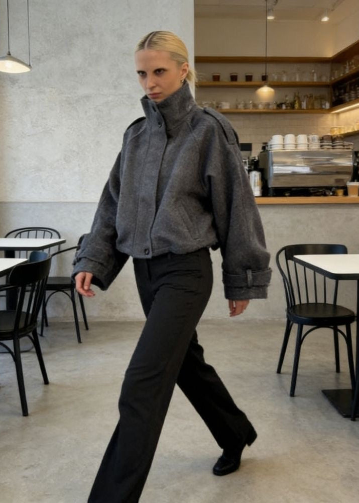 Arden Charcoal Gray Oversized High-Neck Wool-Blend Bomber Jacket