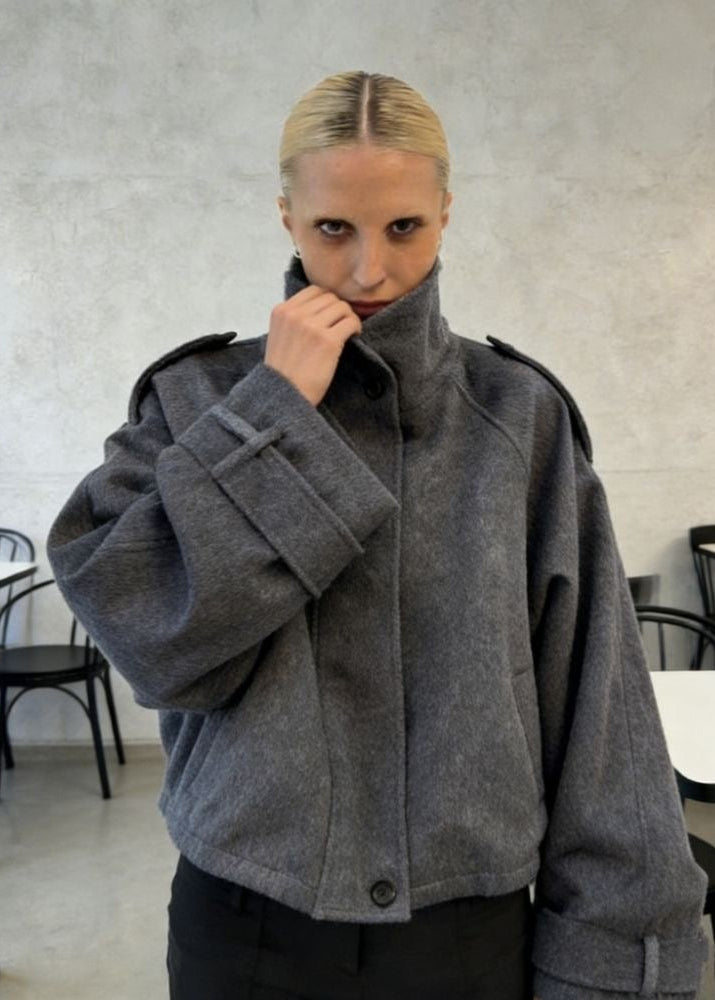 Arden Charcoal Gray Oversized High-Neck Wool-Blend Bomber Jacket