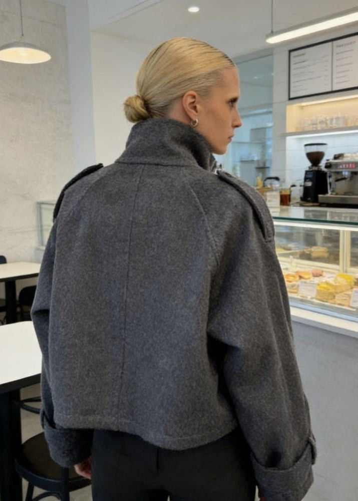Arden Charcoal Gray Oversized High-Neck Wool-Blend Bomber Jacket
