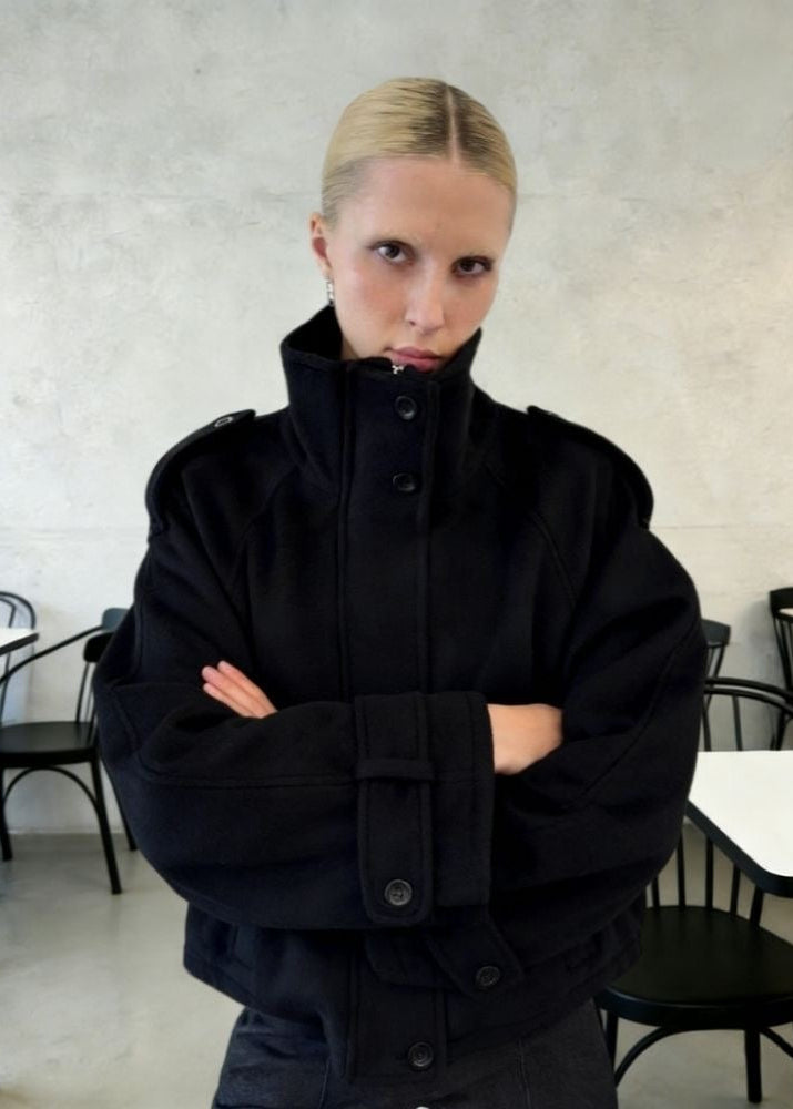 Arden Charcoal Gray Oversized High-Neck Wool-Blend Bomber Jacket