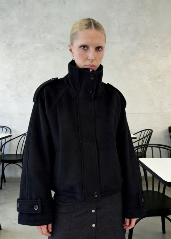 Arden Charcoal Gray Oversized High-Neck Wool-Blend Bomber Jacket