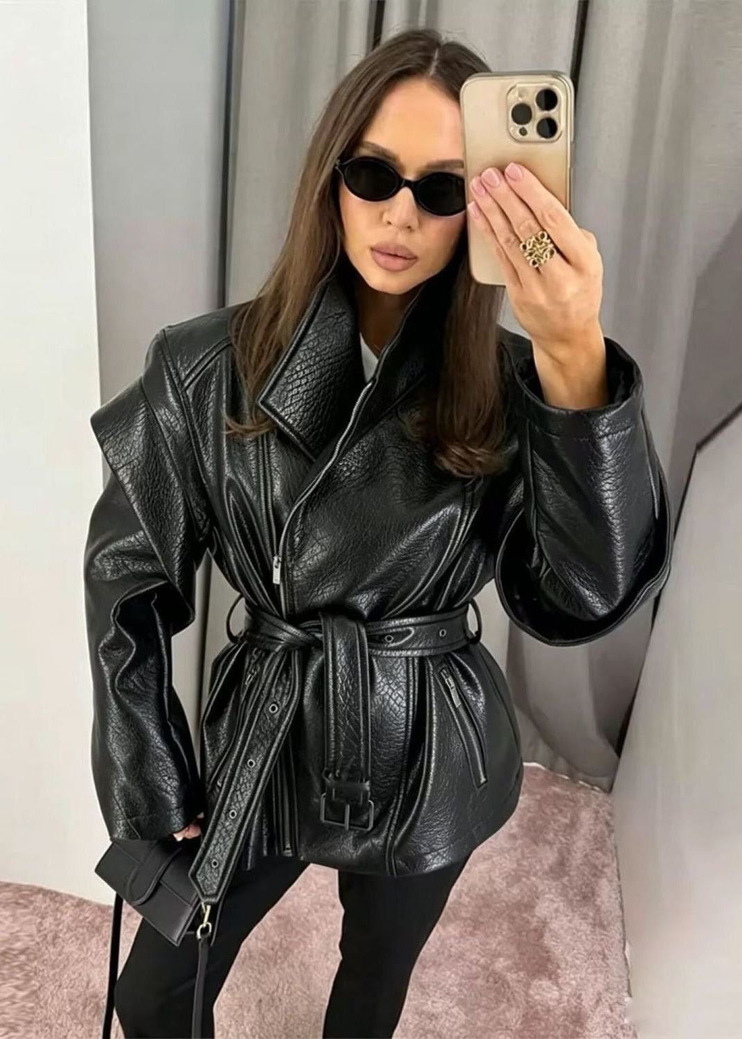Valencia Sculpted Faux Leather Moto Jacket – Belted Black Biker Coat