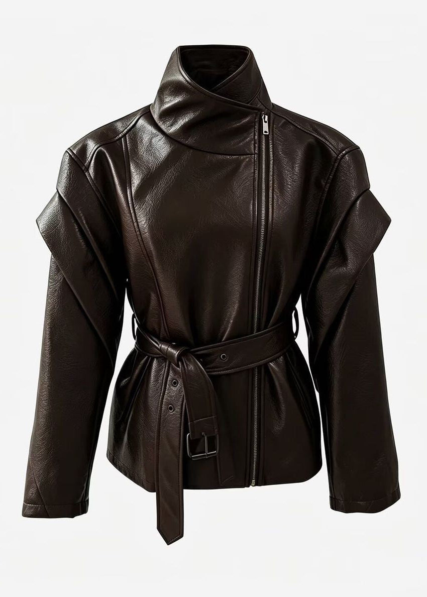 Valencia Sculpted Faux Leather Moto Jacket – Belted Black Biker Coat