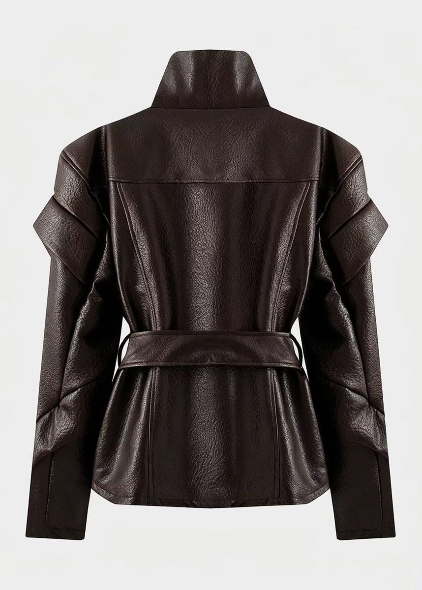 Valencia Sculpted Faux Leather Moto Jacket – Belted Black Biker Coat